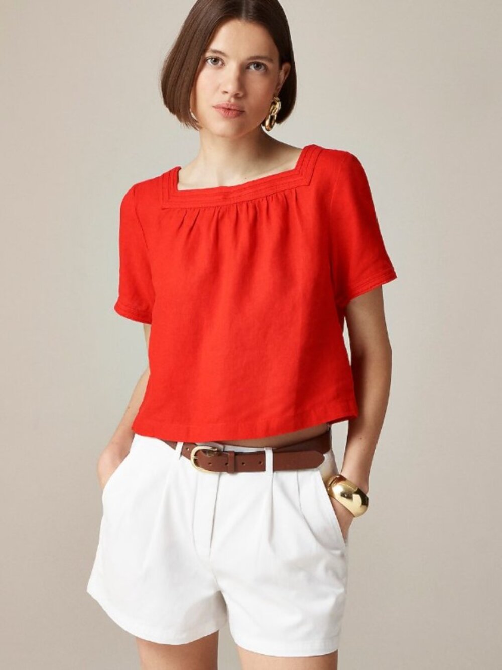 J. Crew Red Short-Sleeve Square-Neck Linen Top